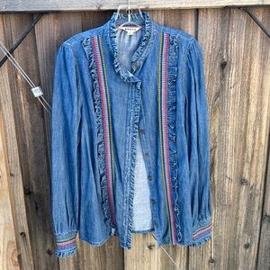 Boden Blue Ruffled Long Sleeve Button Down Shirt